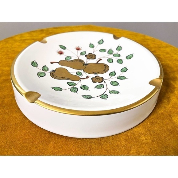 Mcm Ceramic Ashtray Large Hand-painted White Gold Pears Floral Italy Vintage - Picture 6 of 7